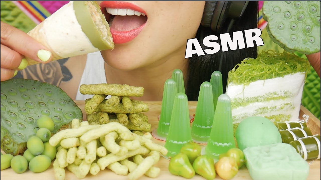 Asmr green crepe cake + jello + mochi + chips + lotus (eating sounds) no ta...