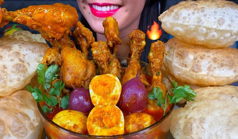 ASMR SPICY CHICKEN CURRY, EGG CURRY, ONION, PURI:LUCHI MASSIVE Eating Sounds
