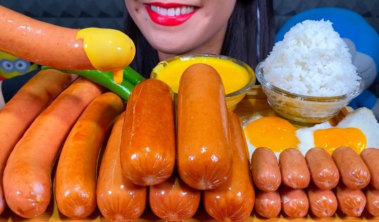 ASMR MASSIVE SAUSAGES FEAST, CHEESE SAUCE, EGGS, CHILI, RICE MUKBANG Eating Sounds