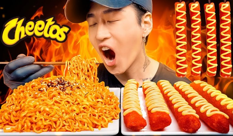 ASMR MUKBANG NUCLEAR FIRE NOODLES & CHEESY HOT CHEETOS RICE CAKES | COOKING & EATING SOUNDS