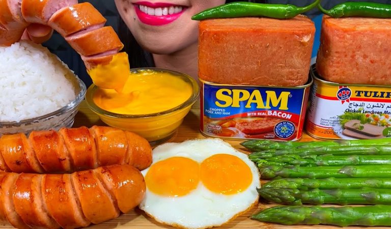 ASMR SAUSAGES, SPAM, ASPARAGUS, EGGS, CHEESE SAUCE, RICE MASSIVE Eating Sounds