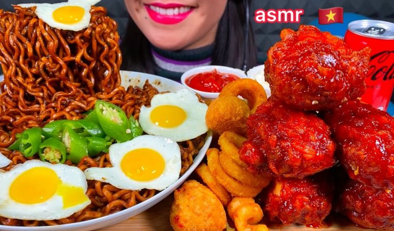 ASMR MUKBANG BLACK BEAN NOODLES, SPICY FRIED CHICKEN, CHEESE BALLS, FRIES, EGGS Eating Sounds